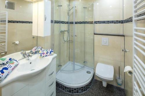 een badkamer met een douche, een toilet en een wastafel bij Prinz-Hamlet-App-16 in Neustadt in Holstein