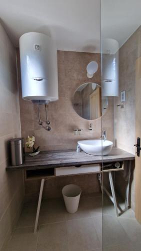 ein Bad mit einem Waschbecken und einem Spiegel in der Unterkunft NEO resort jezero Bruje in Erdevik