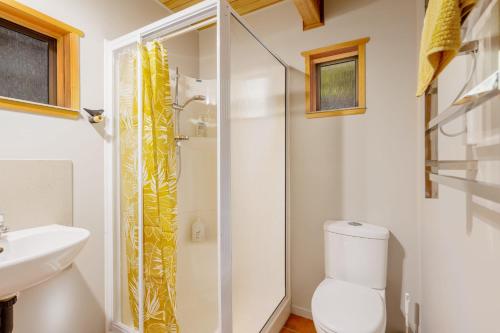 y baño con ducha, aseo y lavamanos. en Totara Lodge - Unwind, Relax & Enjoy - Mt Lyford, en Mt Lyford