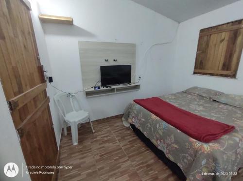 a small bedroom with a bed and a television at Suíte GUARAMIRANGA no Sítio in Guaramiranga