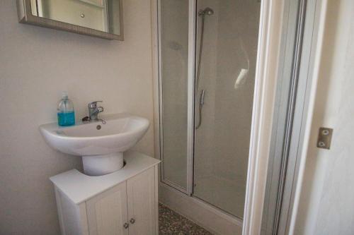 a bathroom with a sink and a shower at 6 Berth Caravan With Decking And Wifi At Suffolk Sands Holiday Park Ref 45082c in Felixstowe