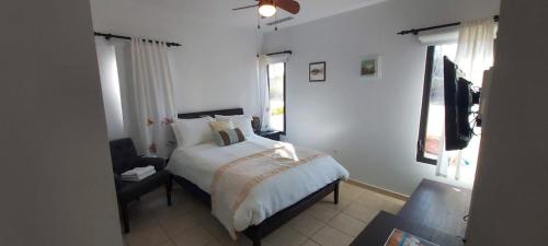 - une chambre avec un lit, une chaise et des fenêtres dans l'établissement luxurious house with private pool in tierra del sol Resort&Golf, à Palm-Eagle Beach