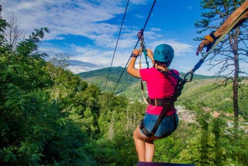a woman on a zip line in the trees at Rustic Modern Getaway - Mtn View - Creek - Hammock - Rest in Sevierville