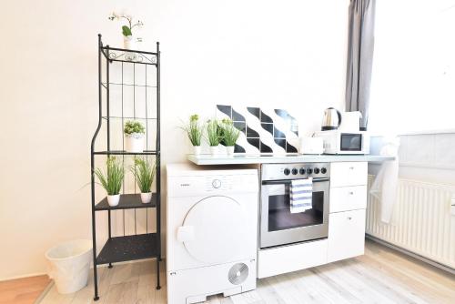 a white kitchen with plants on a shelf at Big place in city center with parking in Innsbruck