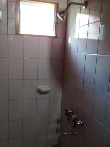 a bathroom with a shower with a window at El Cristal in Puerto Pirámides