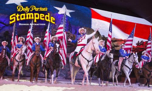 a group of people on horses holding american flags at Bowling Waterfront Luxury MtnViews Pool Sleeps12 in Sevierville