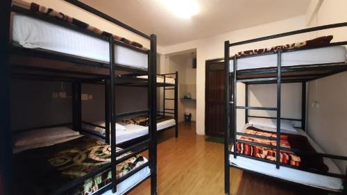 a room with three bunk beds in a room at Thrillomania Mcleodganj in Dharamshala