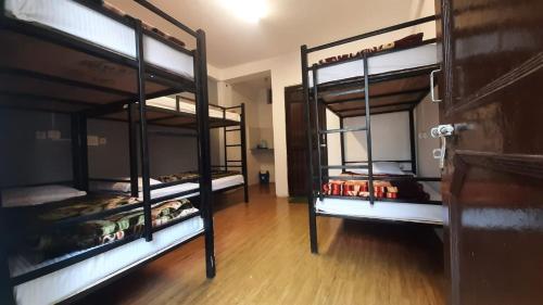 two bunk beds in a room with wooden floors at Thrillomania Mcleodganj in Dharamshala