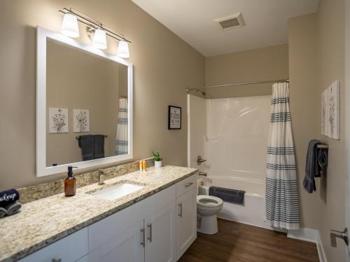 a bathroom with a sink and a toilet and a mirror at Modern 2BR 2BA New Build Condo with Garage & Patio in Wyoming