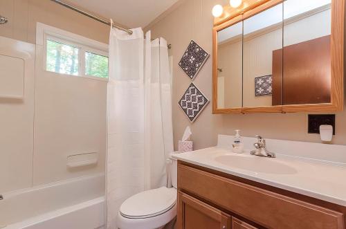 W łazience znajduje się toaleta, umywalka i prysznic. w obiekcie Secluded Oasis w Hot Tub, Screened-in Porch, WiFi! w mieście Berkeley Springs