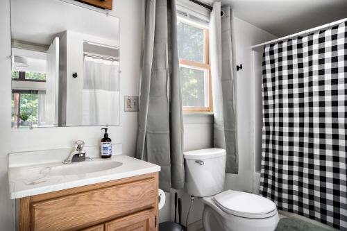 y baño con aseo, lavabo y ducha. en Chalet Cabin w Hot Tub Deck Grill Fire Pit WiFi, en Morton Grove