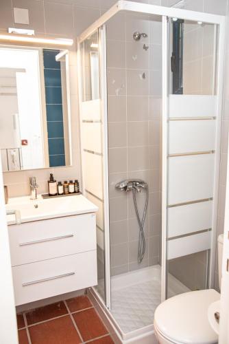 a bathroom with a shower and a toilet and a sink at Barbati Bay Suite in Barbati