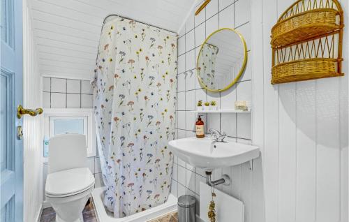 een badkamer met een wastafel, een toilet en een spiegel bij 3 Bedroom Nice Home In Hurup Thy in Sønder Ydby