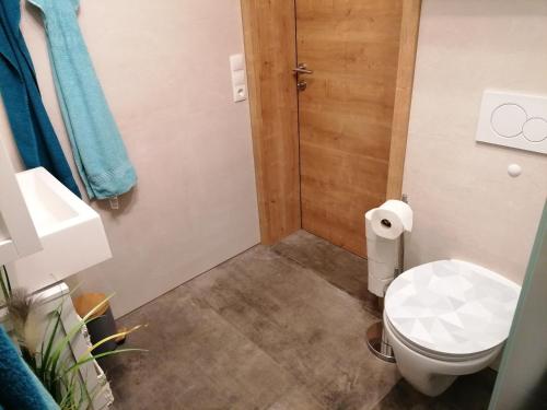 a small bathroom with a toilet and a sink at Susis Ferienwohnung in Radstadt