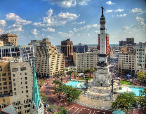 a view of a city with a statue in the middle at Modern Mass Ave 1BR Apartment with Kitchen in Indianapolis
