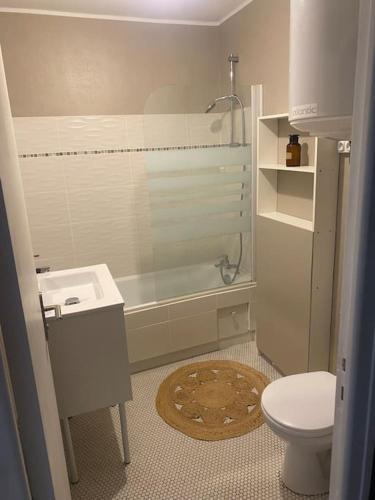 une salle de bain avec une douche, des toilettes et un lavabo dans l'établissement Appartement 2, à Les Minières