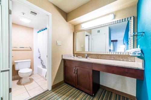 a bathroom with a sink and a toilet and a mirror at Metro PHX STUDIO QUEEN UPSTAIRS sleeps 4 modern design best amenities in Phoenix