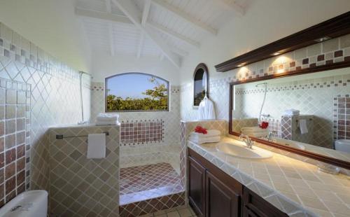 a bathroom with a sink and a mirror at Spacious villa with sea view in Saint Martin + private pool. in Les Terres Basses