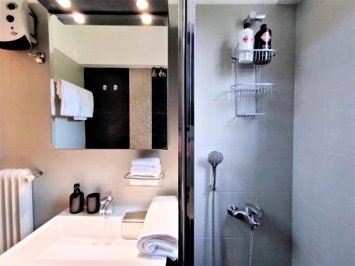 a bathroom with a shower and a sink and a mirror at Vouliagmeni Iasonos Residence Central Stylish Flat in Athens