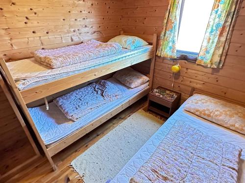 HelleにあるTwo-Bedroom Holiday home in Farsund 1のログキャビン内の二段ベッド2台が備わる客室です。