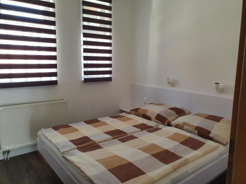 two beds in a room with two windows at Maja apartmanhàz in Balatonlelle