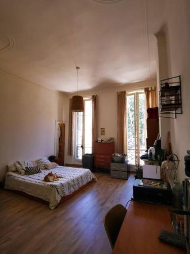 - une chambre avec un lit dans un dortoir doté de parquet dans l'établissement Marseille appartement spacieux et lumineux, à Marseille