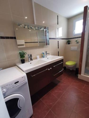 une salle de bain avec un lavabo et une machine à laver dans l'établissement Maison cosy 15 min Disneyland/Val d'Europe - Paris, à Bussy-Saint-Georges