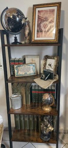 a book shelf filled with books and other items at Ferienwohnung in der Vulkaneifel "Opp der Holl" in Brockscheid