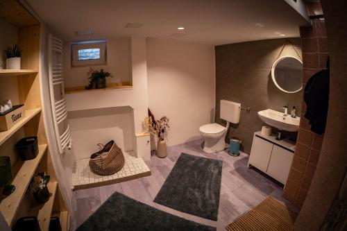 La salle de bains est pourvue de toilettes et d'un lavabo. dans l'établissement Gemütliche 2-Zimmer Souterrain Wohnung, à Düsseldorf