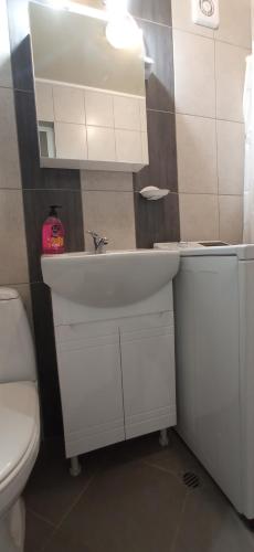a white bathroom with a sink and a toilet at Varna Studio 2 in Varna City