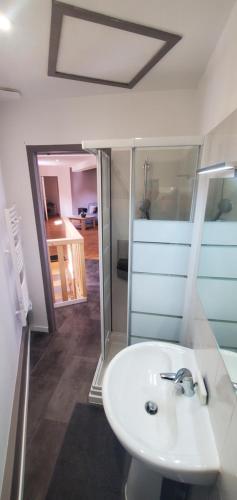 La salle de bains est pourvue d'un lavabo blanc et d'un miroir. dans l'établissement chez malo, à Froges