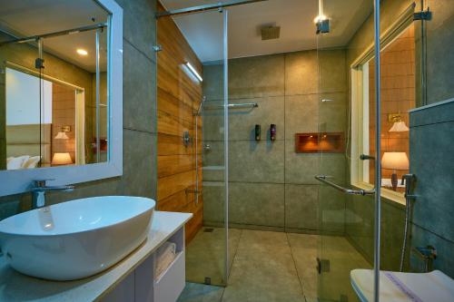 a bathroom with a sink and a glass shower at The Planet Munnar in Suryanelli