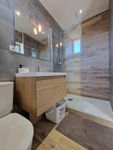 une salle de bain avec un lavabo, une douche et des toilettes dans l'établissement La Terrasse de Bormes, à Bormes-les-Mimosas