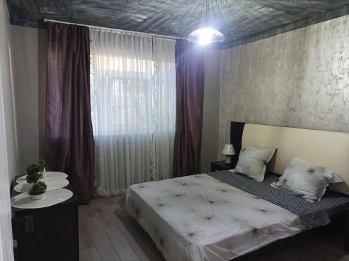 - une chambre avec un grand lit et une fenêtre dans l'établissement Centrul Vechi Aparthotel, à Brăila