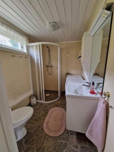 uma pequena casa de banho com WC e lavatório em Hytte på vakre kolberg. em Sylte