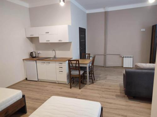 cocina y sala de estar con mesa y sofá en Apartamenty ,,Pod Klonem'', en Sandomierz