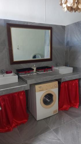 een badkamer met een wasmachine onder een wastafel bij Loft Crécerelles in Pereybere