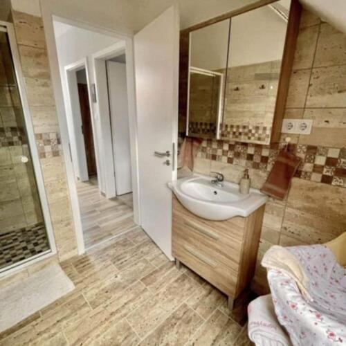 ein Bad mit einem Waschbecken und einer Dusche in der Unterkunft LILIBORI apartman in Pápa
