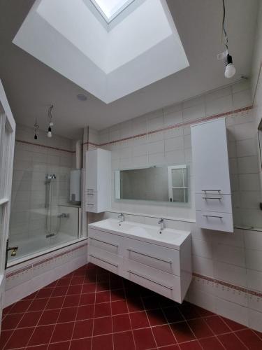 ein Badezimmer mit einem Waschbecken, einer Dusche und einer Badewanne in der Unterkunft Altes Zollhaus in Höflein an der Donau
