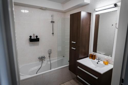 uma casa de banho com uma banheira, um lavatório e um chuveiro em Luxe vakantiehuis in het bos met jacuzzi en sauna em Lunteren