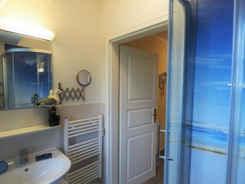 a bathroom with a sink and a mirror and a shower at Villa Balticum, Whg 5 in Zingst