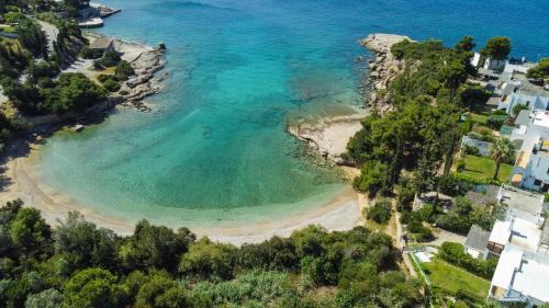 una vista aerea di una spiaggia con case e l'oceano di Grand Bleu Porto Heli Beachfront House a Porto Heli