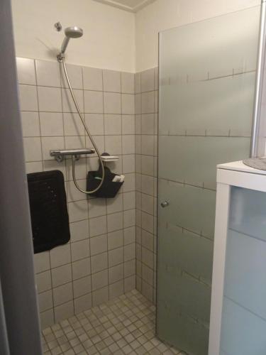 a shower with a glass door in a bathroom at Kustverhuur, Park Schoneveld, Duinroos 153 in Breskens