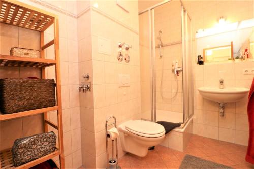 een badkamer met een toilet, een douche en een wastafel bij Altes Wasserwerk App 02 in Wustrow