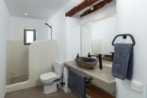 a bathroom with a bowl sink and a toilet at Villa Stefano La Fleur Andros in Andros