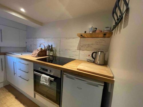 a kitchen with a counter and a stove top oven at Cute basement studio in London