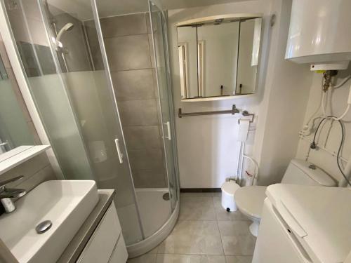 une salle de bain avec une douche, un lavabo et des toilettes dans l'établissement Appartement en bord de mer avec mezzanine, balcon et parking privé à Port Leucate, 6 couchages - FR-1-81-482, à Port-Leucate
