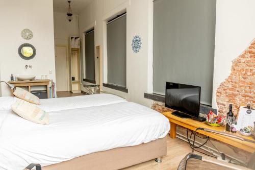 a bedroom with two beds and a television in it at 1001 Nights Boutique Hotel in Haarlem