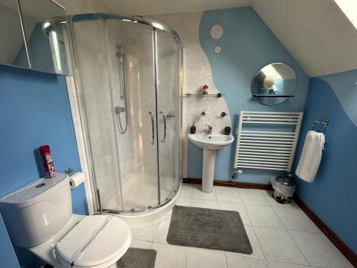 a bathroom with a shower and a toilet and a sink at Barnfields Retreat in Little Clacton