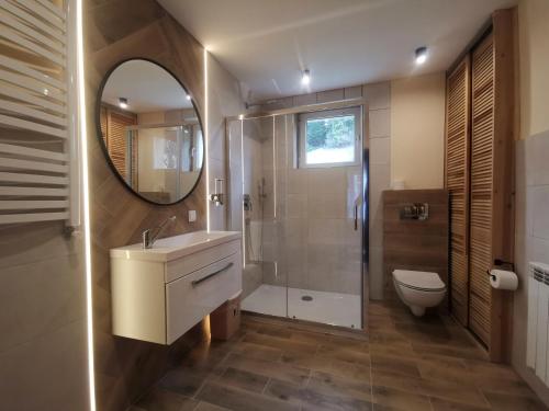 W łazience znajduje się umywalka, toaleta i lustro. w obiekcie Mirarosa w mieście Krynica Zdrój
